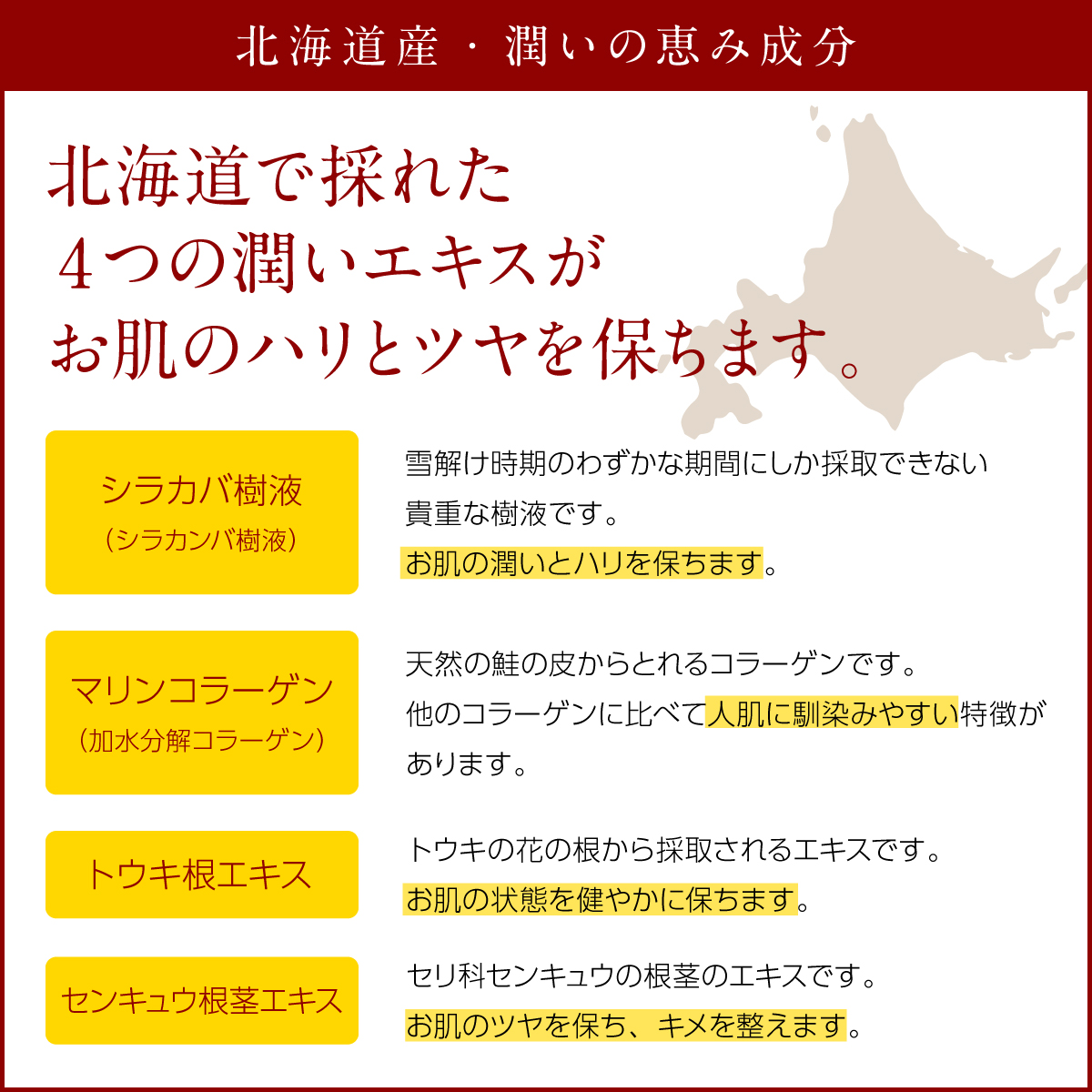 シラカバ樹液・マリンコラーゲン・トウキ根エキス・センキュウ根茎エキス配合
