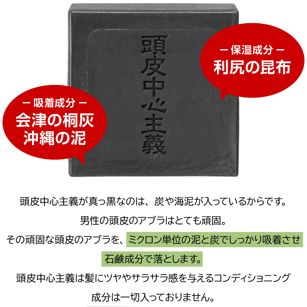 頭皮のアブラを泥と炭で吸着し、石鹸成分で落とします